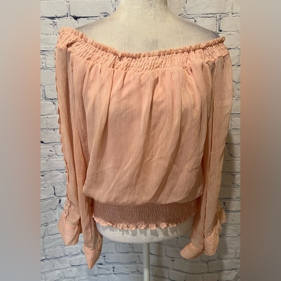 XOXO boho shirt Pink and gold long sleeve Off shoulder Sheer sleeves Size Large - Picture 1 of 8
